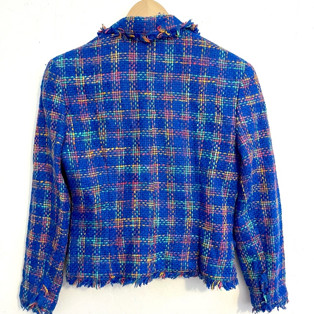 Vintage Bright Blue Plaid Neon Pink Green Business Fringe Blazer Suit Coat - Picture 7 of 14